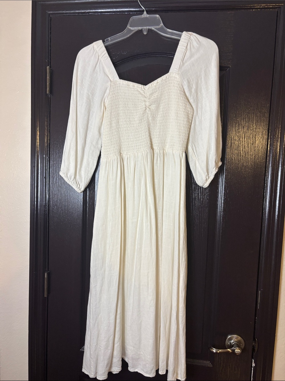 Women's Cream Smocked Midi Dress with Square Neck